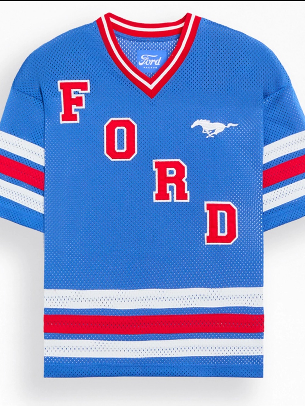 Ford Blue V-Neck Mesh Sweater with Red and White Accents